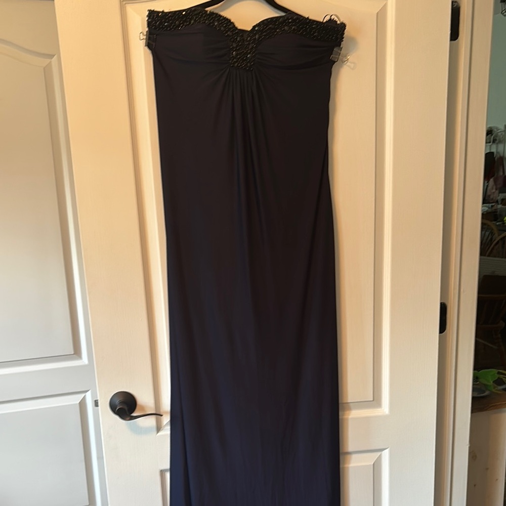 JS Boutique Navy Blue with Black beaded bodice Strapless Ruched Gown